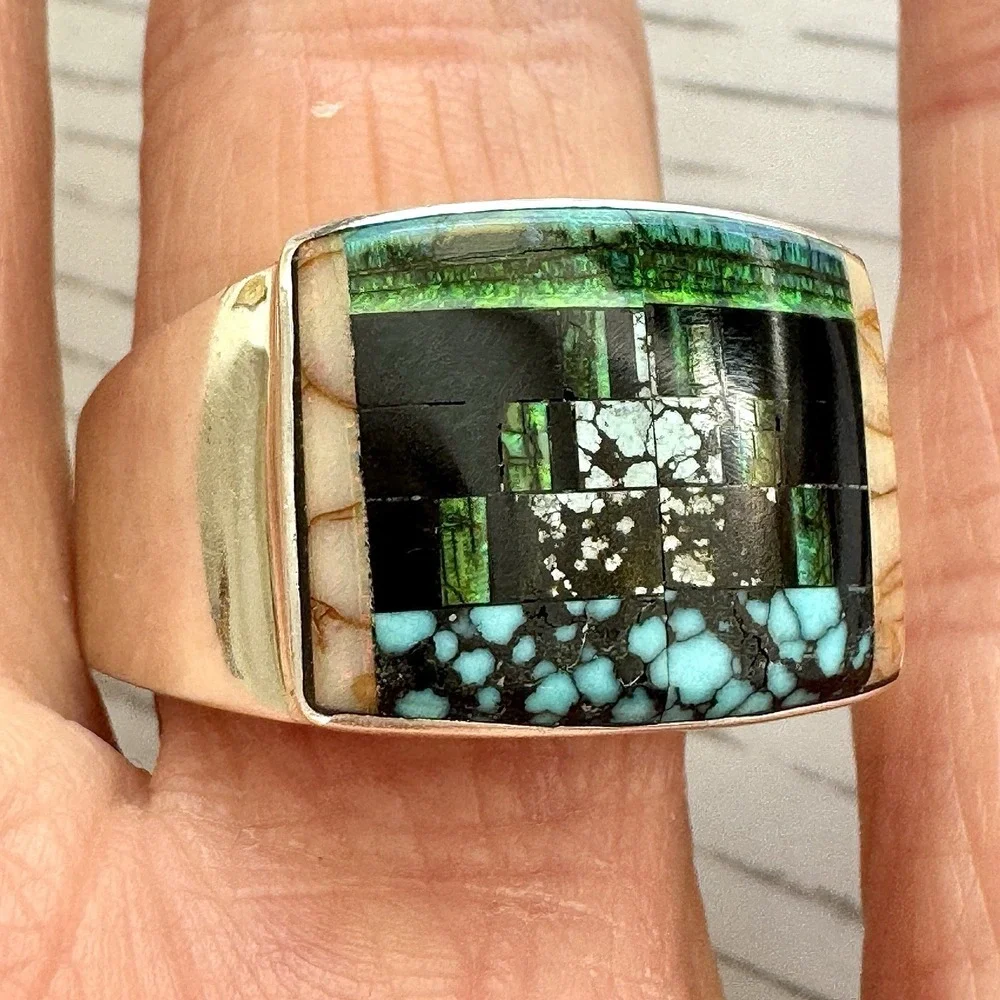 Navajo Mens Inlay Ring Turquoise Inlay Sz 12 Band 15mm Signed Tsosie Native Amer